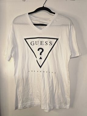 Guess White V-Neck Tee with Black Logo